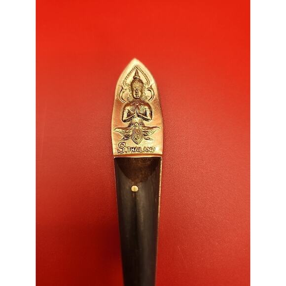 Vtg Siam Sitting Buddah Brass Sugar Spoon Teaspoon with Wood Handle 6.5" Retro - Picture 3 of 6